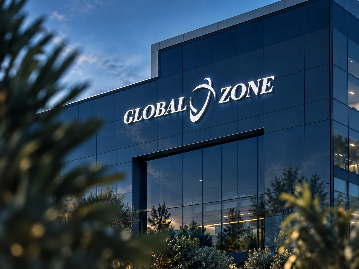 Global Zone signage mounted on the company's modern headquarters