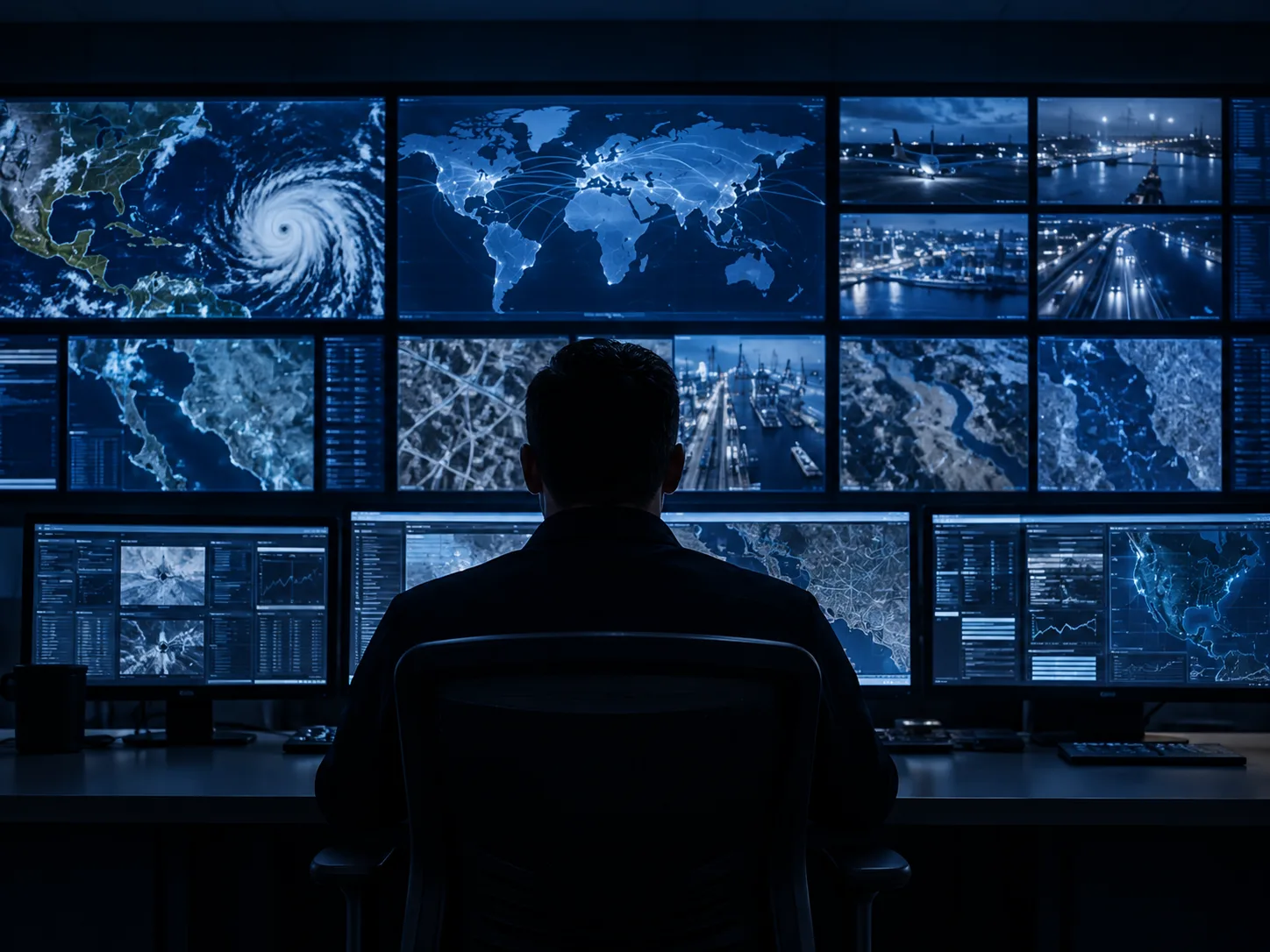 Specialist monitoring a crisis management control room